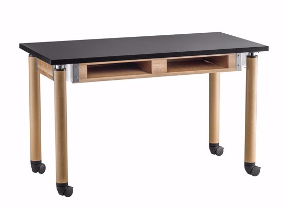 Picture of NPS® Height Adjustable Science Lab Table With Book Compartments and Caster Legs, 24" X 48", Chemical Resistant Top and Oak Legs